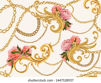 Seamless Baroque vector pattern with  chains,  japanese flowers. Vector patch for print, fabric, scarf design