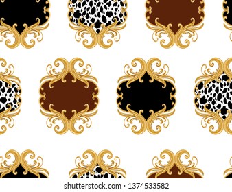 Seamless Baroque vector pattern with baroque elements,  leopard and cow print. Vector patch for print, fabric, scarf design