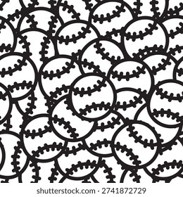 Seamless baseball or softball ball pattern in black on white background. Clean repeat design ideal for fabric print, packaging, sports branding, and merchandise.