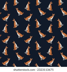 Seamless Basenji dog black pattern, holiday texture. Dark Packaging, textile, decoration, wrapping paper. Trendy hand-drawn funny breed wallpaper. Fun seamless happy sitting dog square pattern. 