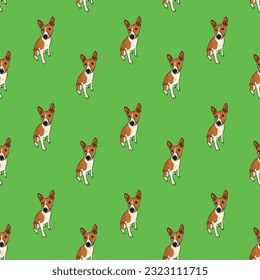 Seamless Basenji dog pattern, holiday texture. Green Packaging, textile, decoration, wrapping paper. Trendy hand-drawn funny breed wallpaper. Fun seamless happy cute sitting dog square pattern. 