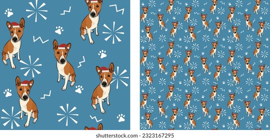 Seamless Basenji dog pattern, holiday texture. Square format, t-shirt, poster, packaging, textile, socks, textile, fabric, decoration, wrapping paper. Trendy hand-drawn dogs wallpaper.