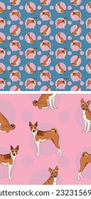 Seamless Basenji dog symetric pattern, holiday texture. Square format. Pink, blue packaging, textile, decoration, wrapping paper. Trendy hand-drawn dogs wallpaper. Holiday background with circles.