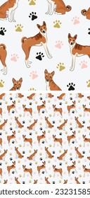 Seamless Basenji dog trendy pattern, holiday texture. Square format, t-shirt, poster, packaging, textile, socks, textile, fabric, decoration, wrapping paper. Trendy hand-drawn Basenji dog wallpaper.