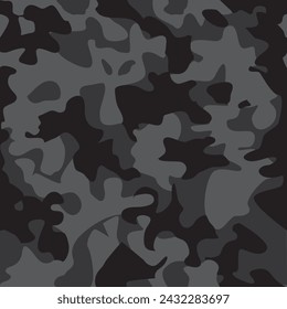 Patrón de camuflaje básico sin costuras. Impresión repetida dibujada a mano del camuflaje del vector con negro, gris. Ropa textil patrón.