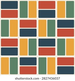 Seamless basket weave pattern with alternating blocks in navy amber rust and green on cream, woven geometric background