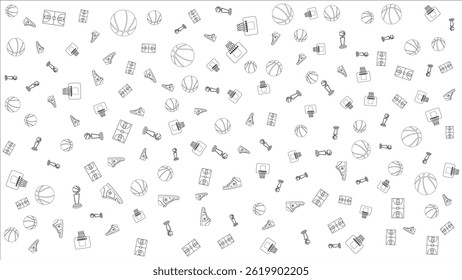Seamless Basketball Pattern with Outline Sport Icons on White Background for Design and Decoration


