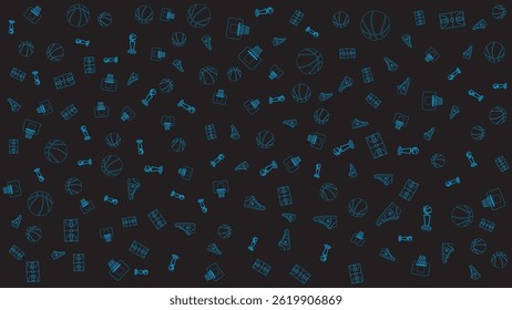 Seamless Basketball Pattern with Sport Outline Icons on Black Background for Sporty Design Projects