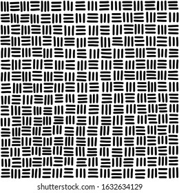 Seamless basketweave pattern tile in black and white. Hand-drawn horizontal and vertical strands, resulting in square pattern, associated with woven baskets. Illustration over white. Vector.