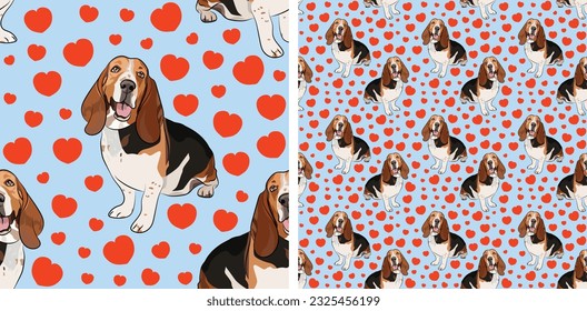 Seamless Basset hound dog pattern, holiday texture. Packaging, textile, decoration, wrapping paper. Saint Valentine wallpaper with hearts and mascots. Fun seamless square pattern with hearts and hound