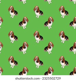 Seamless Basset hound dog pattern, holiday texture. Green Packaging, textile, decoration, wrapping paper. Trendy hand-drawn funny breed wallpaper. Fun seamless happy cute sitting dog square pattern. 