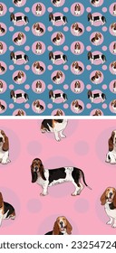 Seamless basset hound dog symetric pattern with circles, holiday texture. Square format. Pink, blue packaging, textile, decoration, wrapping paper. Trendy hand-drawn dogs wallpaper. Holiday background