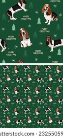 Seamless Basset hound dogs pattern, holiday texture. Square format, t-shirt, poster, packaging, textile, textile, fabric, decoration, wrapping paper. Trendy hand-drawn dogs wallpaper. Holiday design.