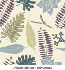 Seamless batanical floral pattern in vintage style. Leaves and plants. Vintage illustration. Vector design elements. Floral background.