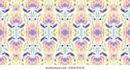 Patrón de batik sin foco, patrón de batik floral sin foco y patrón de motivos sin foco se parecen a los estilos de boho étnico, azteca y ikat. diseñado para ser utilizado en satén, papel pintado, tela, cortina, alfombra, batik 