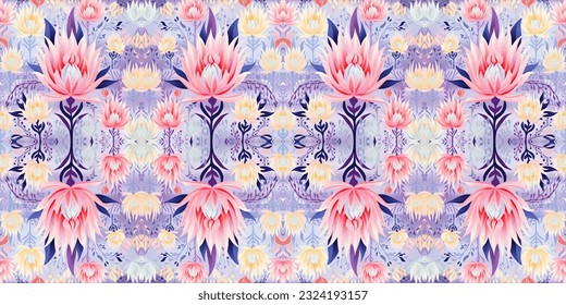 Nahtlose Batik-Muster, Nahtlose Blumenmuster und nahtlose Motive ähneln ethnischen Boho-, Aztec- und ikat-Stilen. entwickelt für die Verwendung in Satin, Tapeten, Stoff, Vorhang, Teppich, Batik 
