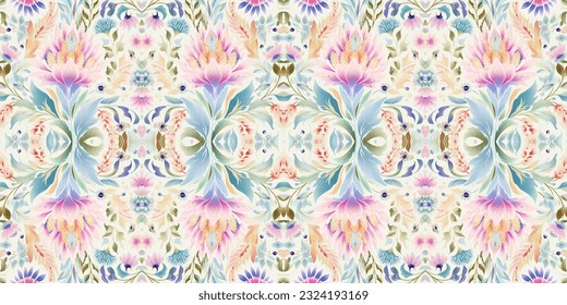 Patrón de batik sin foco, patrón de batik floral sin foco y patrón de motivos sin foco se parecen a los estilos de boho étnico, azteca y ikat. diseñado para ser utilizado en satén, papel pintado, tela, cortina, alfombra, batik 