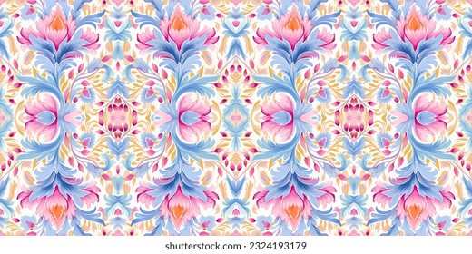 Patrón de batik sin foco, patrón de batik floral sin foco y patrón de motivos sin foco se parecen a los estilos de boho étnico, azteca y ikat. diseñado para ser utilizado en satén, papel pintado, tela, cortina, alfombra, batik 