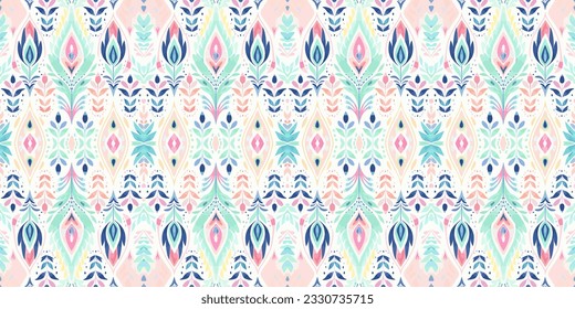 Nahtlose Batik-Muster, Nahtlose Blumenmuster und nahtlose Motive ähneln ethnischen Boho-, Aztec- und ikat-Stilen. zur Verwendung in Satin, Tapeten, Stoff, Vorhang, Teppich, Batik Emb