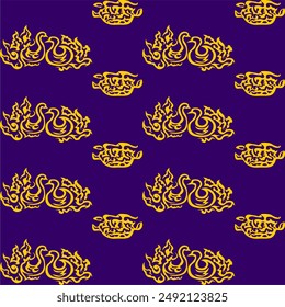 The Seamless Batik Pattern of gold peacock and vessel on deep purple background