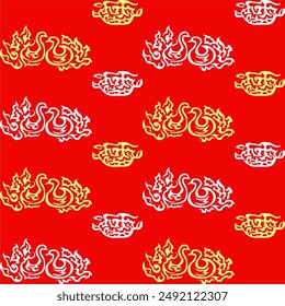 The Seamless Batik Pattern of gold and white peacock and vessel on red background