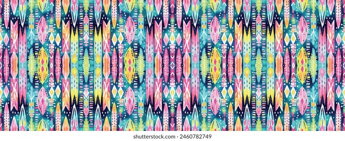 Nahtloses Batikmuster, nahtloses Stammes-Batikmuster und nahtloses farbiges Muster ähneln ethnischen Boho-, Aztec- und Ikat-Stilen. Entworfen für den Einsatz in Bildschirmhintergrund, Stoff, Vorhang, Teppich, Batik-Stickerei
