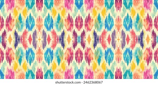 Nahtloses Batikmuster, nahtloses Stammes-Batikmuster und nahtloses farbiges Muster ähneln ethnischen Boho-, Aztec- und Ikat-Stilen. Entworfen für den Einsatz in Bildschirmhintergrund, Stoff, Vorhang, Teppich, Batik-Stickerei