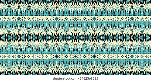 Nahtloses Batikmuster, nahtloses Stammes-Batikmuster und nahtloses farbiges Muster ähneln ethnischen Boho-, Aztec- und Ikat-Stilen. Entworfen für den Einsatz in Bildschirmhintergrund, Stoff, Vorhang, Teppich, Batik-Stickerei