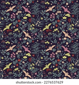 Seamless bats and tropical flowers pattern
