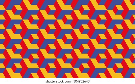Seamless bauhaus blue red and yellow op art isometric cubes illusion pattern vector