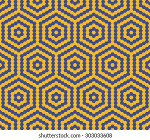 Seamless Bauhaus blue and yellow hexagonal tiles ethnic pattern vector