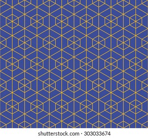 Seamless Bauhaus blue and yellow hexagonal outline grid pattern vector