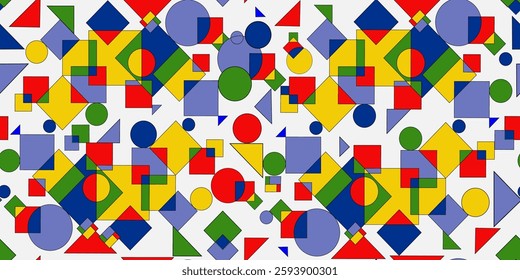 Seamless Bauhaus inspired geometric pattern with bold primary colors, overlapping circles, squares, and triangles, creating a dynamic abstract web background