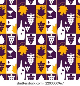seamless Bauhaus pattern with abstract grapes, bottles and glasses. Pattern in orange purple and white colors