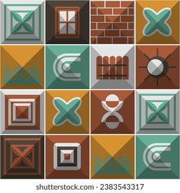 Seamless Bauhaus pattern with isometric panels decorated with various objects. Vector illustration