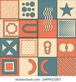 Seamless Bauhaus style patern with decorative and textured geometric elements. Limited color palette. Vector illustration