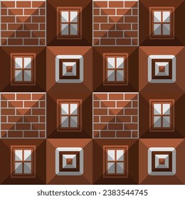 Seamless Bauhaus style patern with isometric panels decorated with three building elements - window, brick wall and roof. Brown palette. Vector illustration