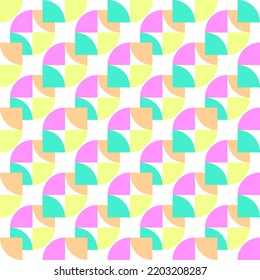 Seamless bauhaus sweet mint vector pattern with purple and yellow simple shapes for female apparel and kids textile. For wrapping or gift holiday summer or winter paper