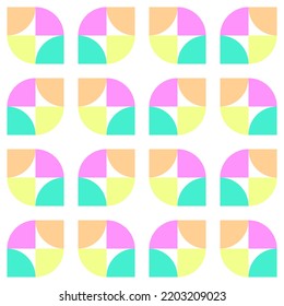 Patrón vectorial de menta dulce de bauhaus sin foco con formas redondeadas simples y amarillas, y cuadrados para ropa femenina y textil para niños. Para envolver o regalo vacaciones de verano o papel de invierno