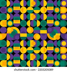 Seamless bauhaus vector minimalistic bright pattern with yellow and purple semi half circles and squares on black background. For home textile and wrapping or gift paper.