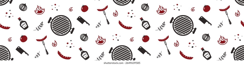 Seamless BBQ and grill  pattern on transparent background. Decorations  for cafe and restaurant theme, wrapping paper.Grill, cooking tools, sausage, tomato, rosemary, sauce, flame.Vector illustration.