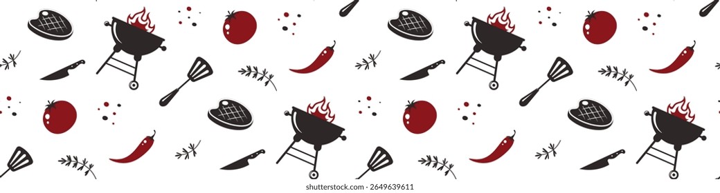 Seamless BBQ and grill  pattern on transparent background.Decorations  for  cafe and restaurant theme, wrapping paper.Grill, cooking tools, steak, tomato, rosemary, pepper, chilli.Vector illustration.