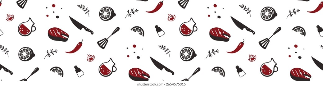 churrasco sem costura e padrão de churrasco em fundo transparente.Decorações para café e restaurante tema, papel de embrulho.Cozinhar ferramentas, bife de peixe, limonada, faca, limão, alecrim. Ilustração vetorial.