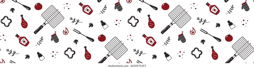 Seamless BBQ and grill  pattern on transparent background.Decorations  for  cafe and restaurant theme, wrapping paper.Grill, cooking tools, chiken leg,tomato, oven mitt, rosemary. Vector illustration.