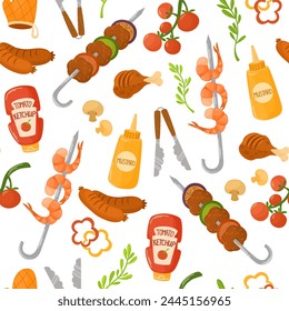 Seamless BBQ pattern with barbecue grilled food on white background. Endless repeating texture with barbeque kebab, meat, shrimp, sauces and vegetables. Colored flat vector illustration for printing