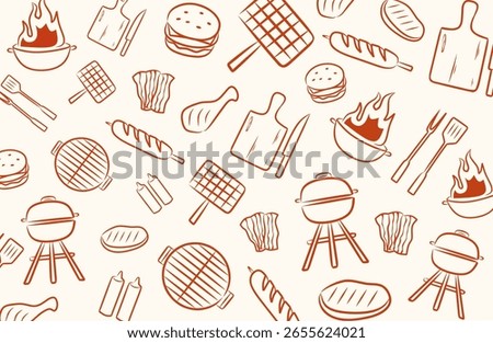 Seamless BBQ sketch pattern with red outline on beige background for restaurant food wrapping paper packaging and barbecue party decoration