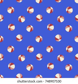 Seamless beach ball repeating background pattern. Beach balls in colors of pink, ivory and red over a blue background.  Flat color style