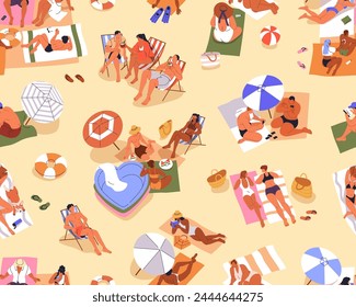 Seamless beach pattern with people sunbathing and relaxing on summer holiday, vacation. Tiny tourists at sea resort, repeating print, background for fabric, wrapping design. Flat vector illustration
