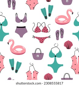 Seamless beach pattern with summer items. Vector watercolor travel illustration of flamingo rubber ring, sunglasses, swimsuit, bag and flip-flops