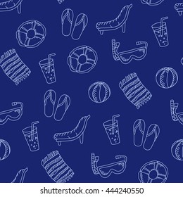 Seamless beach pattern with summer linear icons. Vector background